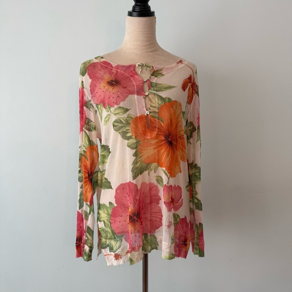 Tommy Bahama Tops - Tommy Bahama | Sheer Floral Mesh Top Cover up Beaded Hibiscus Long Sleeve Sz M